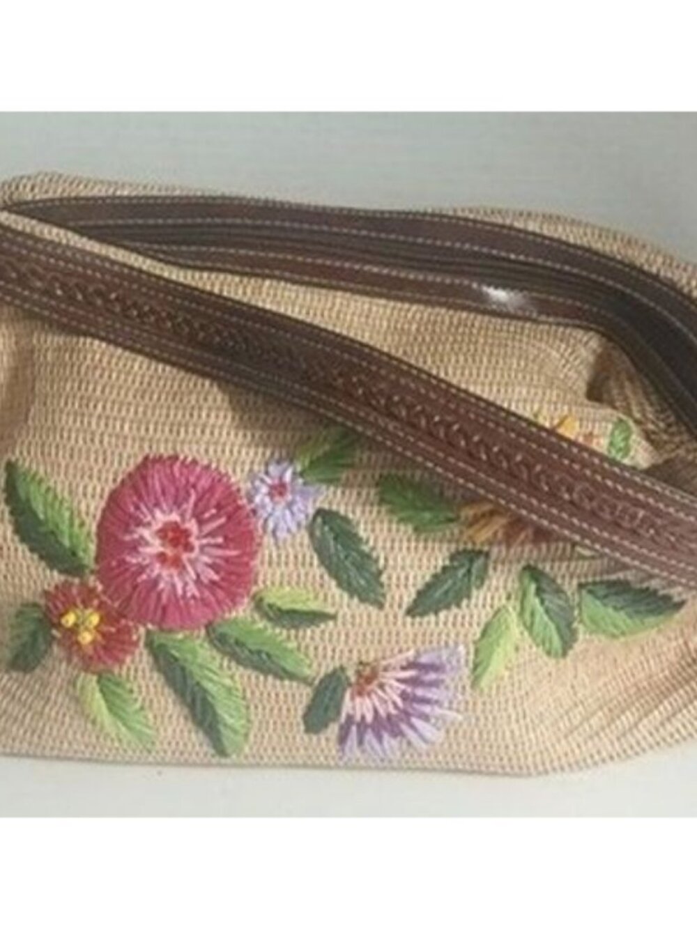 Rosetti New York Embroidered Floral Beaded Straw Handbag Braided Leather Strap
